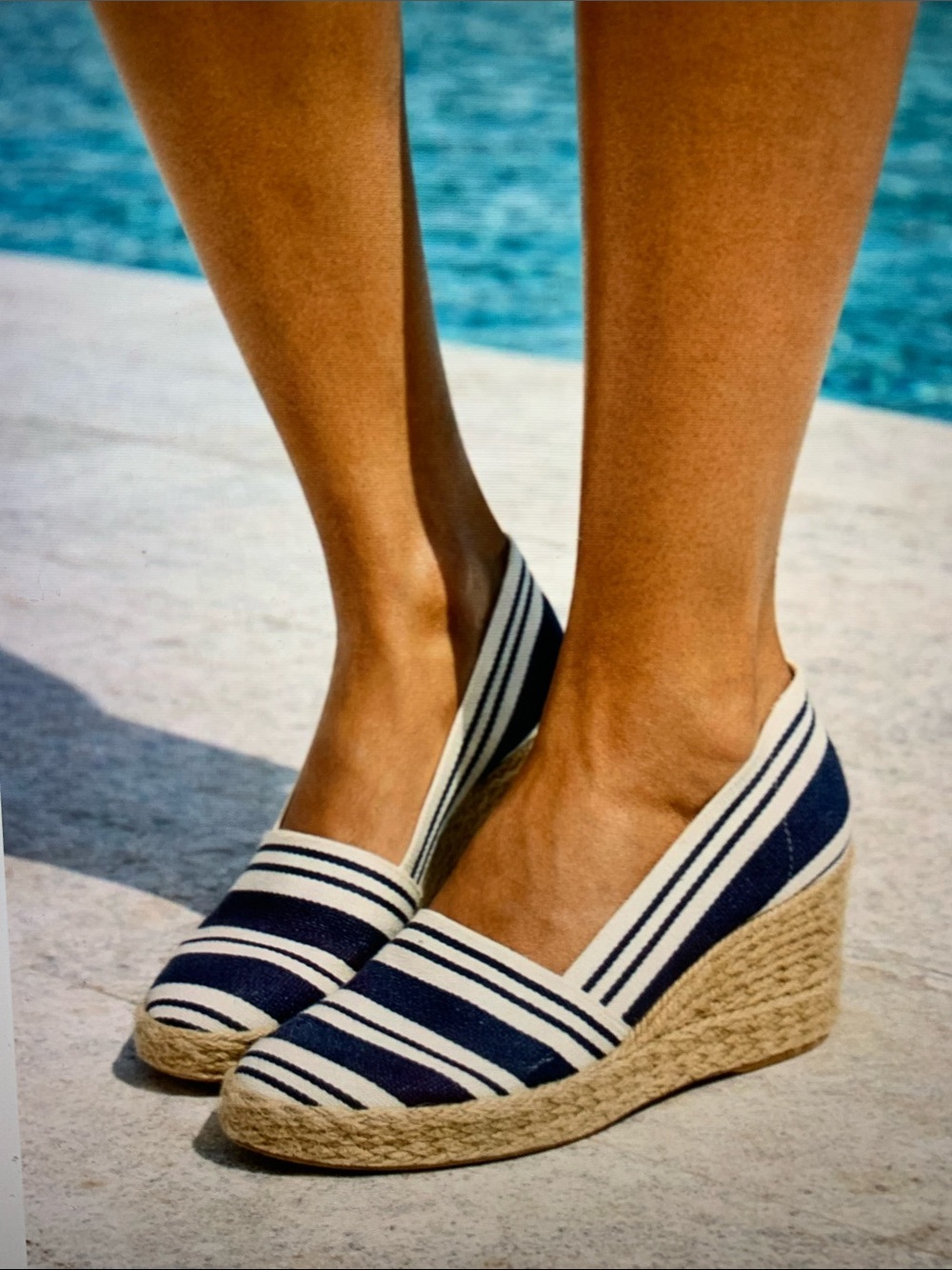 Andre  Assous Navy and White Striped Espadrille Wedge. New